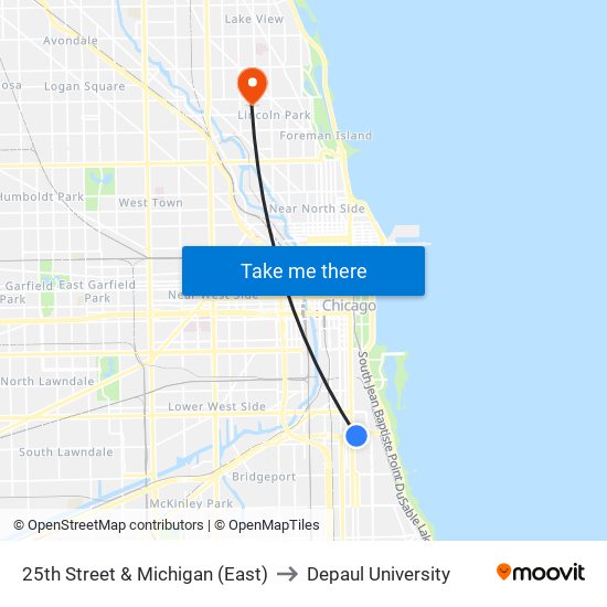 25th Street & Michigan (East) to Depaul University map