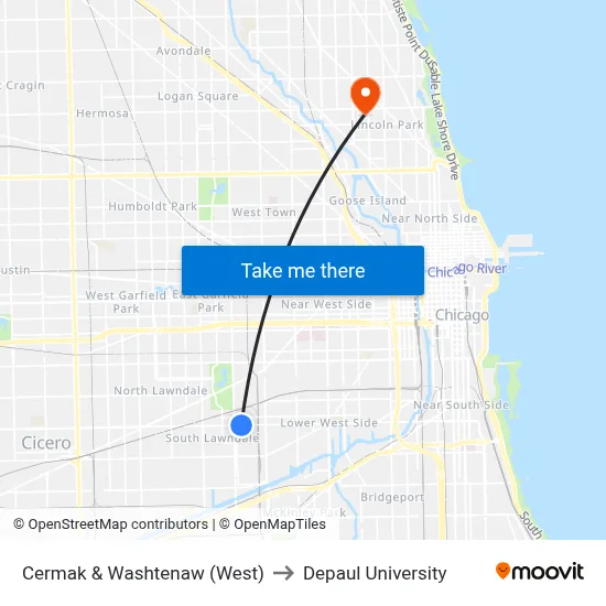 Cermak & Washtenaw (West) to Depaul University map