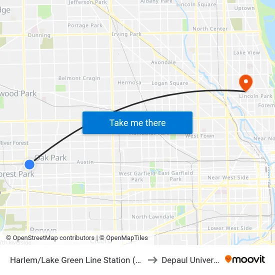 Harlem/Lake Green Line Station (West) to Depaul University map