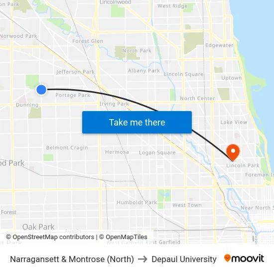 Narragansett & Montrose (North) to Depaul University map