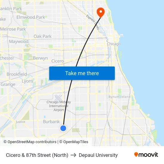 Cicero & 87th Street (North) to Depaul University map