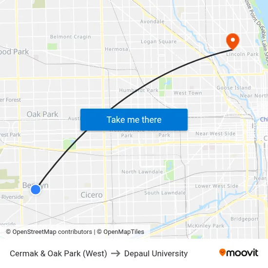 Cermak & Oak Park (West) to Depaul University map