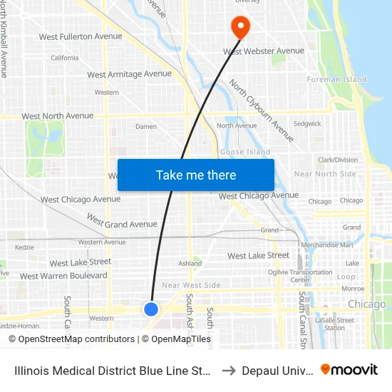 Illinois Medical District Blue Line Station (North) to Depaul University map