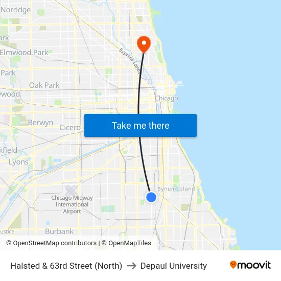 Halsted & 63rd Street (North) to Depaul University map