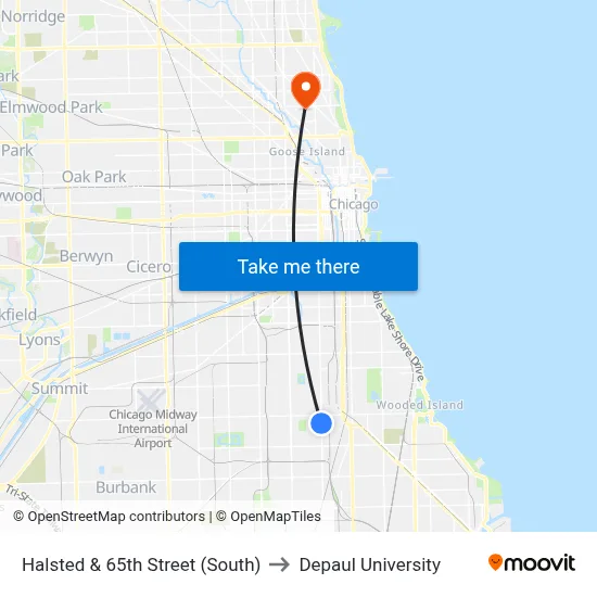 Halsted & 65th Street (South) to Depaul University map