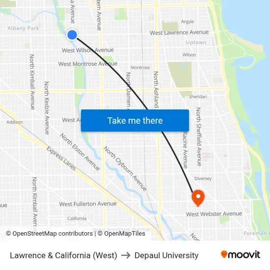 Lawrence & California (West) to Depaul University map