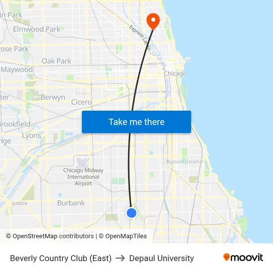 Beverly Country Club (East) to Depaul University map