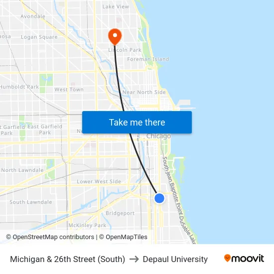 Michigan & 26th Street (South) to Depaul University map