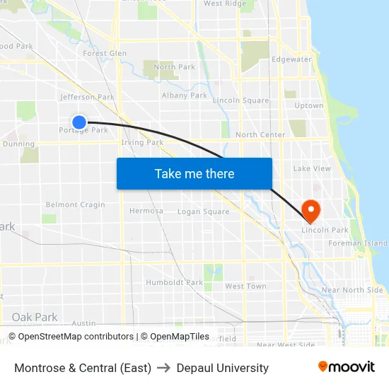Montrose & Central (East) to Depaul University map
