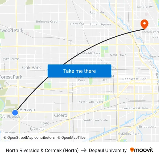 North Riverside & Cermak (North) to Depaul University map