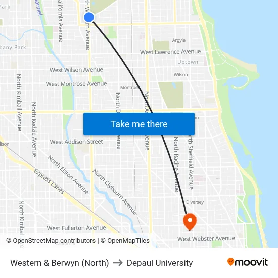Western & Berwyn (North) to Depaul University map