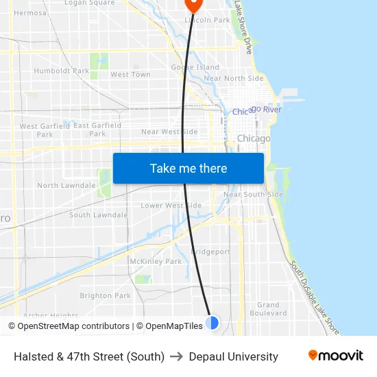 Halsted & 47th Street (South) to Depaul University map