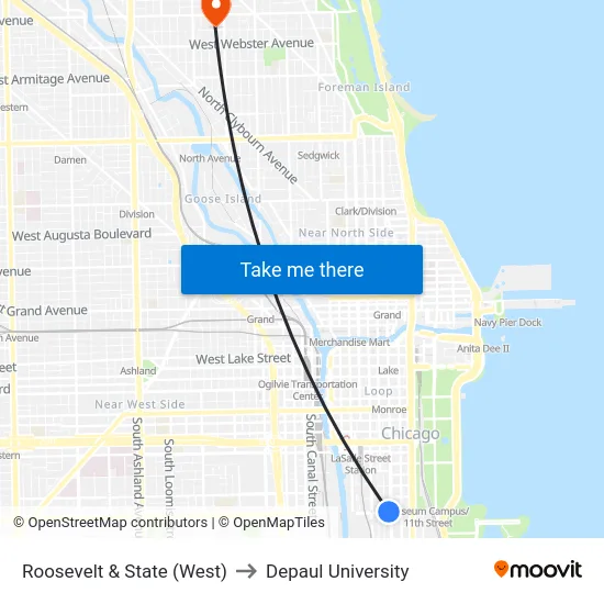 Roosevelt & State (West) to Depaul University map