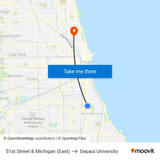 51st Street & Michigan (East) to Depaul University map
