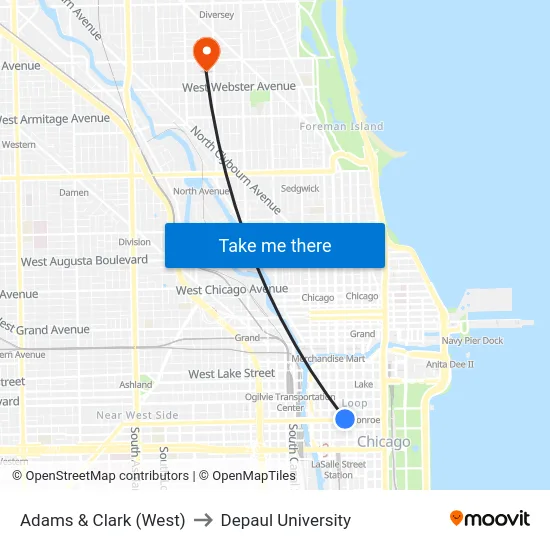 Adams & Clark (West) to Depaul University map