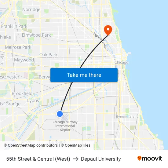 55th Street & Central (West) to Depaul University map