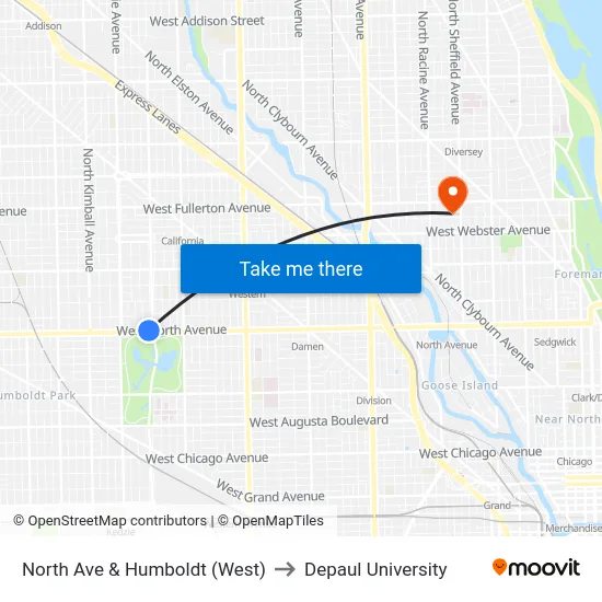 North Ave & Humboldt (West) to Depaul University map