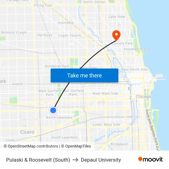 Pulaski & Roosevelt (South) to Depaul University map