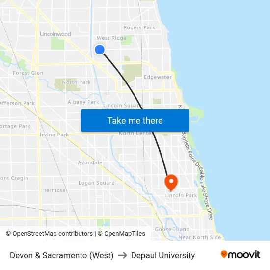 Devon & Sacramento (West) to Depaul University map