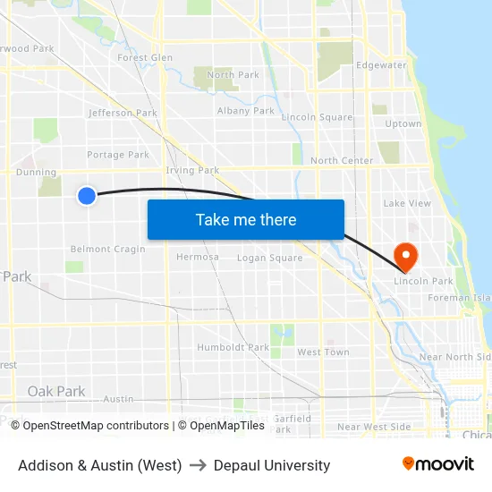 Addison & Austin (West) to Depaul University map