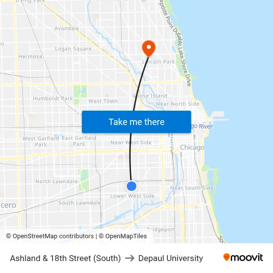 Ashland & 18th Street (South) to Depaul University map