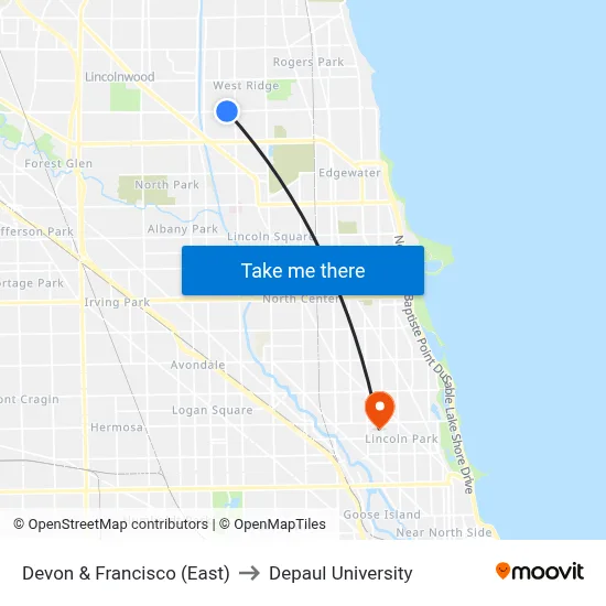 Devon & Francisco (East) to Depaul University map