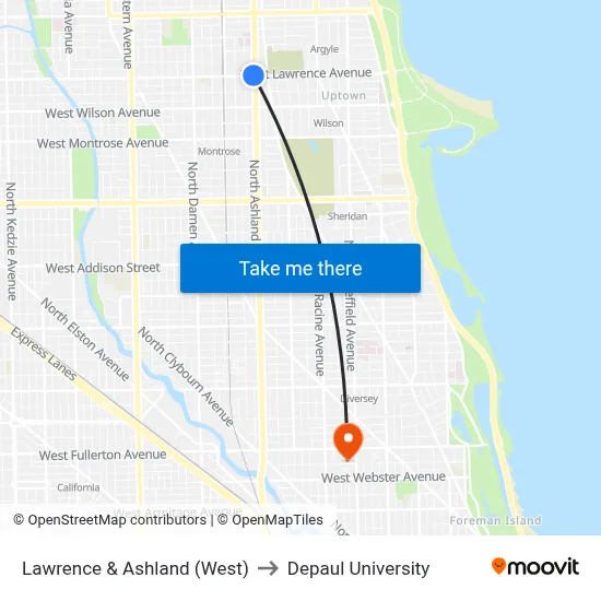 Lawrence & Ashland (West) to Depaul University map