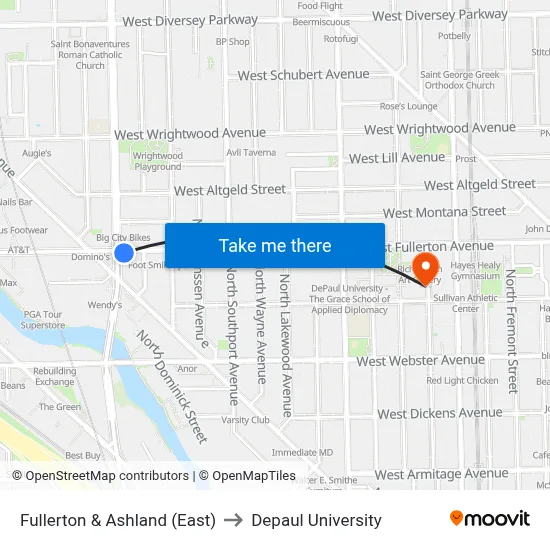 Fullerton & Ashland (East) to Depaul University map