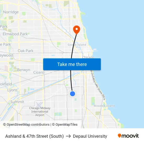 Ashland & 47th Street (South) to Depaul University map