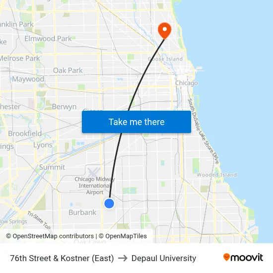 76th Street & Kostner (East) to Depaul University map