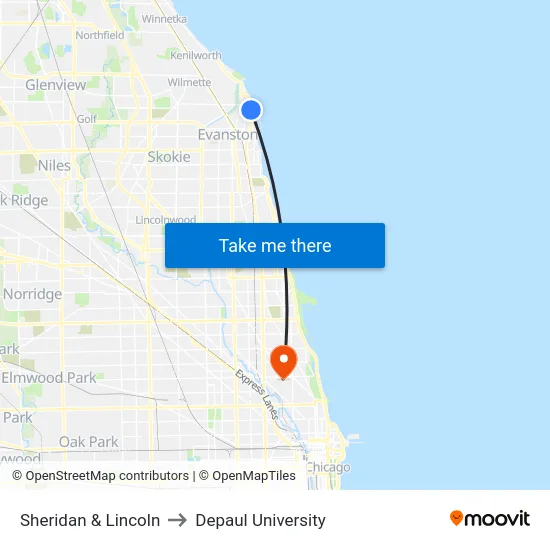Sheridan & Lincoln to Depaul University map