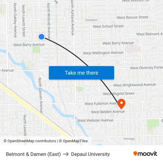 Belmont & Damen (East) to Depaul University map