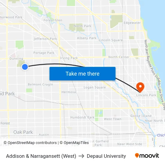 Addison & Narragansett (West) to Depaul University map