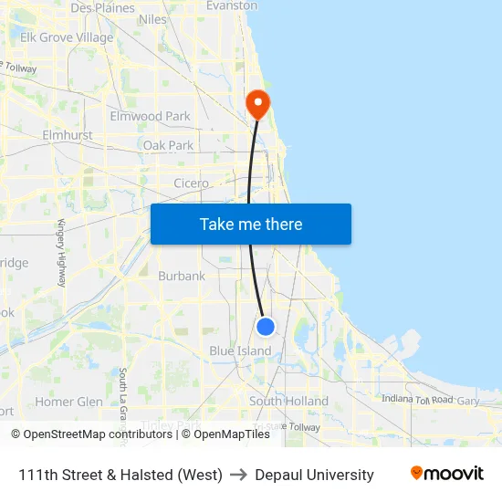 111th Street & Halsted (West) to Depaul University map