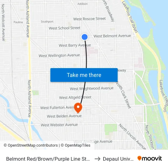 Belmont Red/Brown/Purple Line Station (East) to Depaul University map