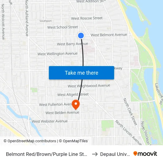 Belmont Red/Brown/Purple Line Station (West) to Depaul University map