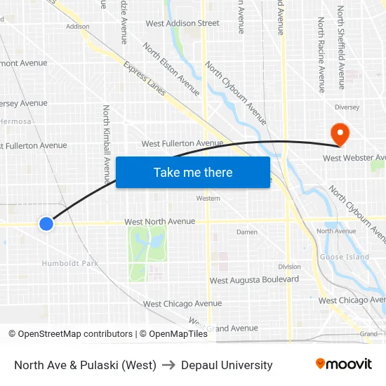 North Ave & Pulaski (West) to Depaul University map