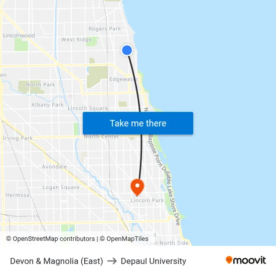 Devon & Magnolia (East) to Depaul University map
