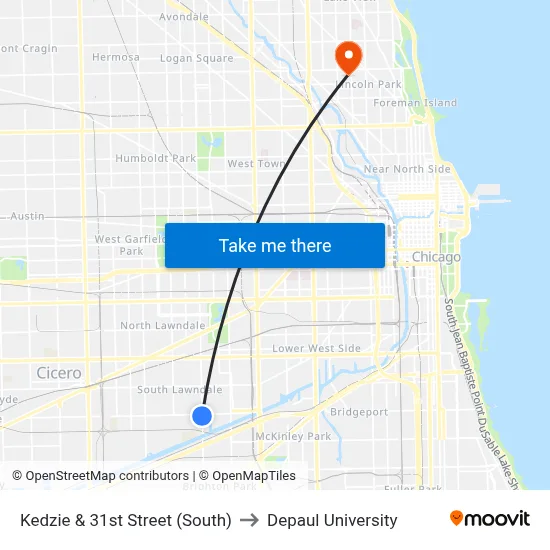 Kedzie & 31st Street (South) to Depaul University map