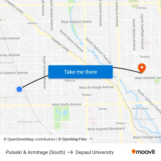 Pulaski & Armitage (South) to Depaul University map