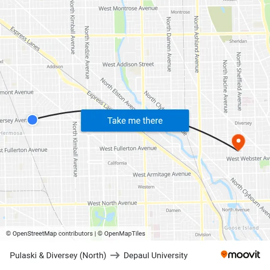 Pulaski & Diversey (North) to Depaul University map