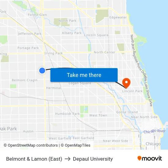 Belmont & Lamon (East) to Depaul University map