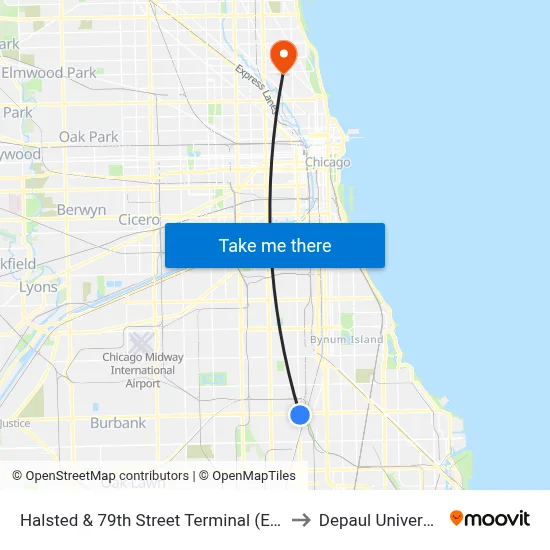 Halsted & 79th Street Terminal (East) to Depaul University map