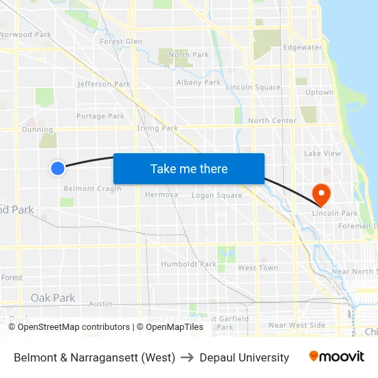 Belmont & Narragansett (West) to Depaul University map