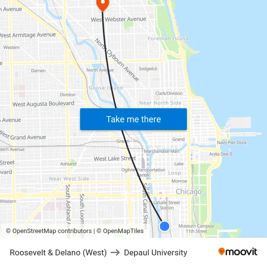 Roosevelt & Delano (West) to Depaul University map