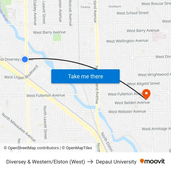 Diversey & Western/Elston (West) to Depaul University map