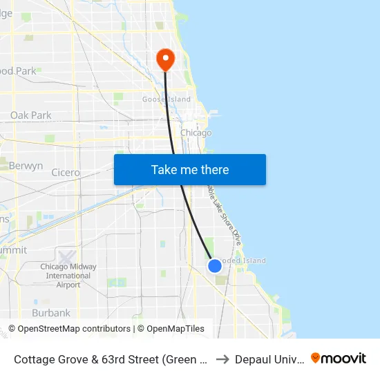Cottage Grove & 63rd Street (Green Line) (North) to Depaul University map