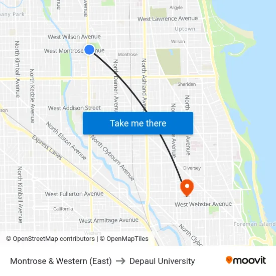 Montrose & Western (East) to Depaul University map