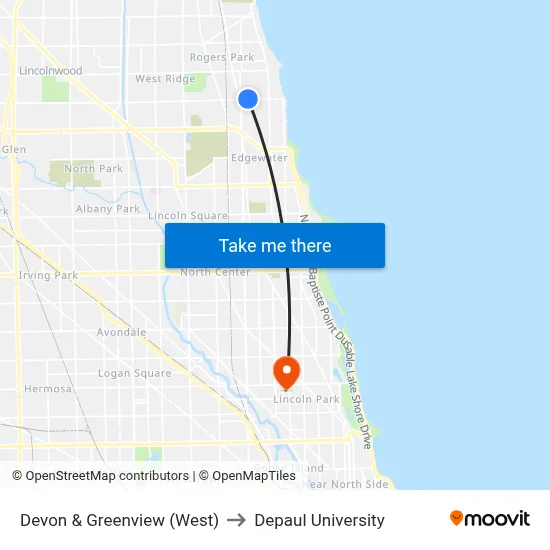 Devon & Greenview (West) to Depaul University map