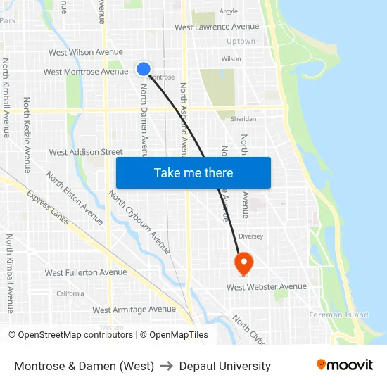 Montrose & Damen (West) to Depaul University map